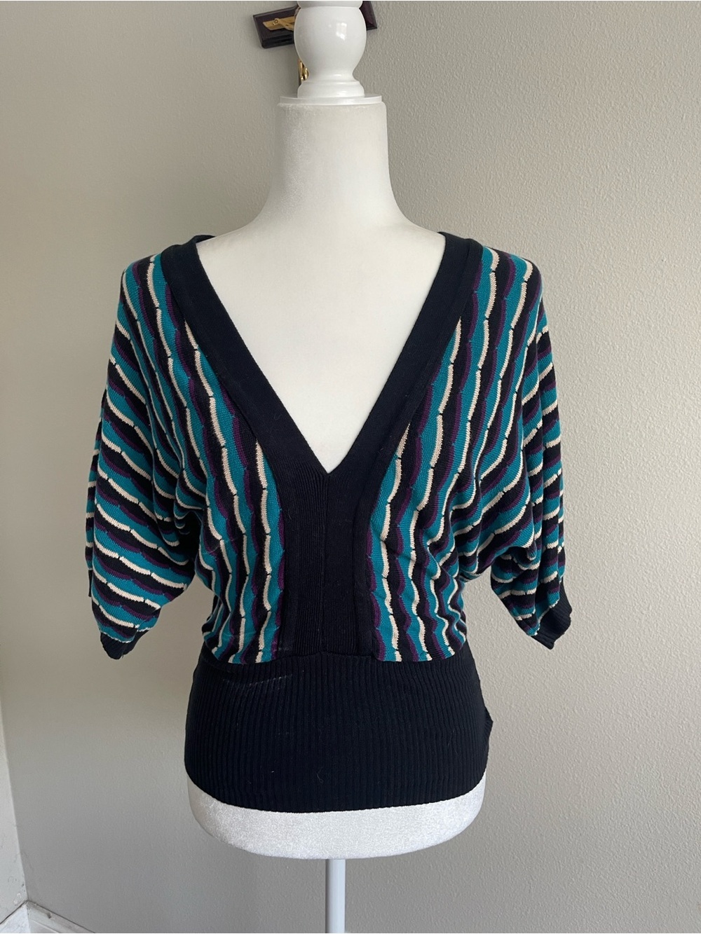 Deep V Batwing Sweater Top in Black with Teal & Purple Stripes